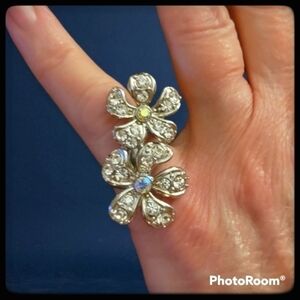 ROMANTIC Fairycore Double Flower Rhinestone Stainless Steel Statement Ring